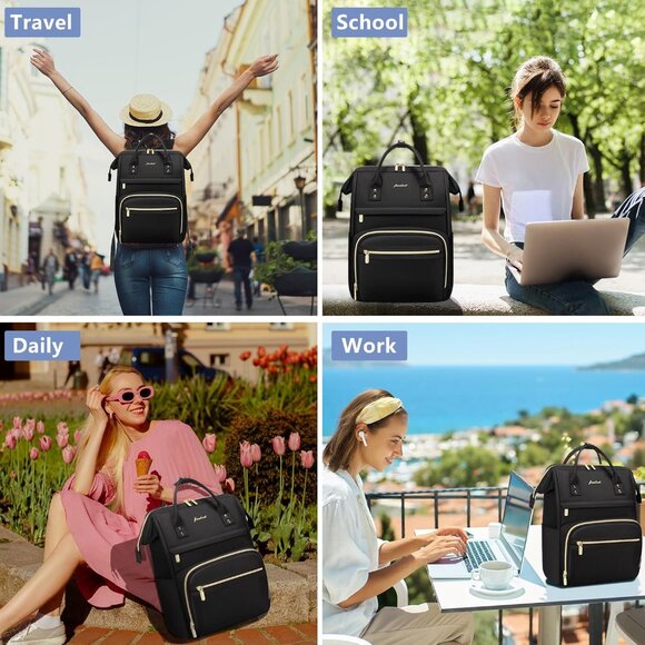 Women's Black Laptop Backpack 15.6 Inch Work Travel Bag With Usb Charger - Picture 7 of 8